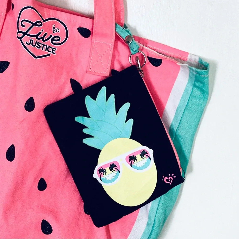 Justice Watermelon Tote Bag + Pineapple Zip Pouch Set Live Justice Pink Fruity